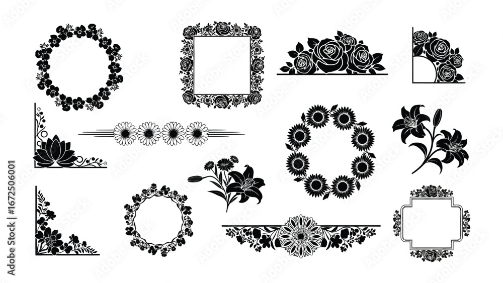 Obraz premium Floral Elegance: Exquisite black floral frames, borders, and design elements. perfect for invitations, and other creative projects, against a crisp background.