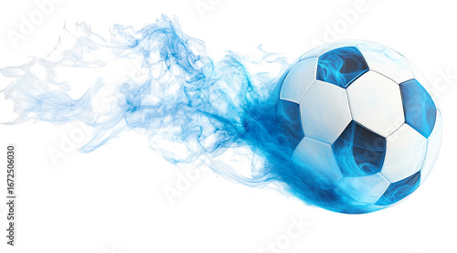 A soccer ball is flying through a blue smoke