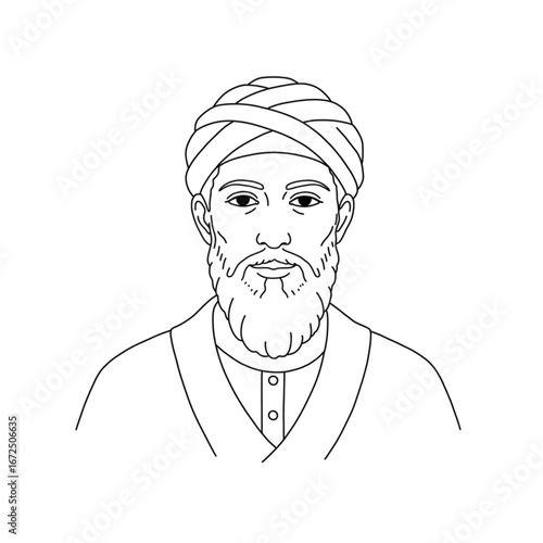 Line art portrait of a wise man with a turban and beard, classic illustration.