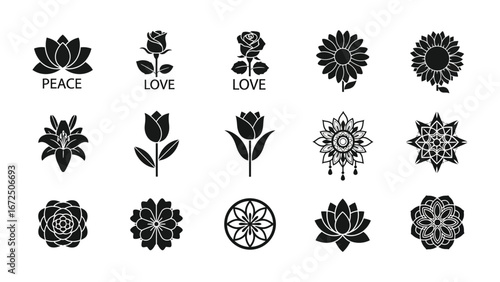 Floral Collection: A comprehensive arrangement of elegant flower silhouettes, representing sentiments of peace and love, perfect for conveying nature's grace.