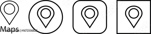Map location pin icon set, black GPS marker collection, navigation point group, line style symbols, geolocation pointer bundle with destination, position, place, and spot synonyms