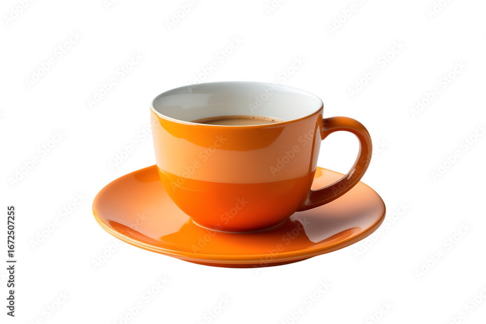 Obraz premium Orange coffee cup and saucer isolated on transparent background