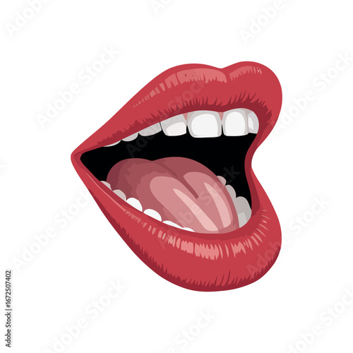 Illustration of a Red Open Mouth with Teeth and Tongue on a White Background for Graphic Design Projects