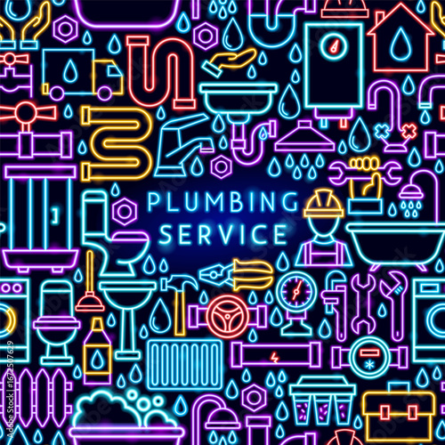 Plumbing Service Neon Frame. Vector Illustration of Bright Plumber Signs in Modern Glowing Style. Web Promotional Concept. Led Lamp Pipe, Faucet, Wrench, Toilet, Sink over Dark Blue Background.