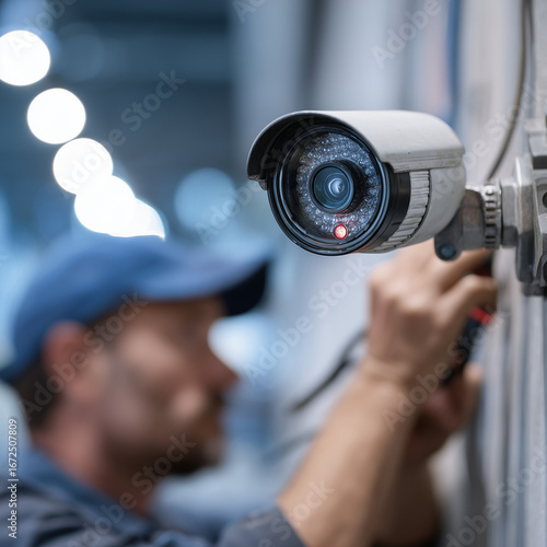  Close-up of technician repairing a smart home security device in a modern interior