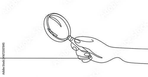 Hand Holding Magnifying Glass Continuous Line Art: A Minimalist Illustration of Investigation and Discovery