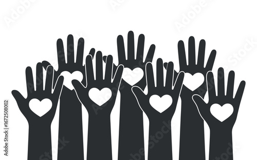 Monochrome Hands Raised with Heart Shapes Volunteering Charity Concept on White Background