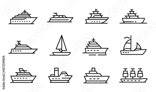 Various boat and yacht icons in minimalist line art style for nautical designs