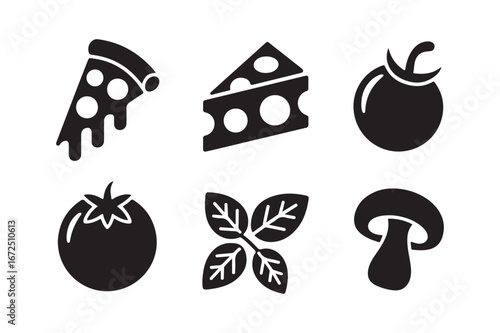 Pizza ingredients icons featuring slice cheese tomato olive basil mushroom