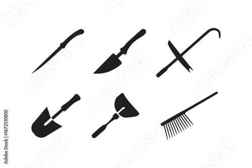 Collection of hand drawn gardening tools in black silhouette