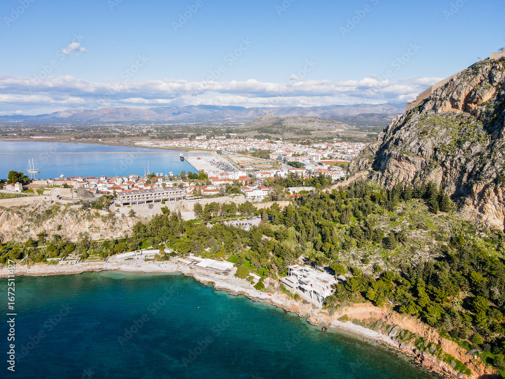 Fototapeta premium Aerial Mediterranean Sea beach and cliffs nature landscape winter sunny day in Nafplio Greece