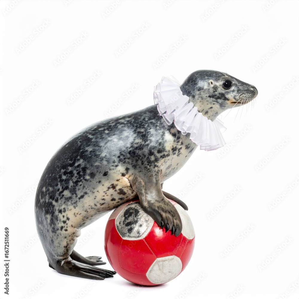 Obraz premium Gray Seal Balancing on a Red Ball Wearing a White Ruffled Collar on a White Background