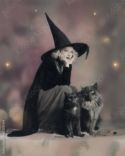 A dreamy vintage style portrait of a smiling witch in a classic pointed hat, accompanied by two majestic black cats, Halloween concept.