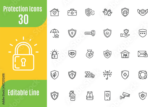 Protection Editable Icons set. safety, lock, umbrella, security, gloves, password, Linear icon collection. Editable stroke. 