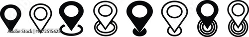 Map location pin icon set, black GPS marker collection, navigation point group, flat and line style symbols, geolocation pointer bundle with destination, position, place, and spot synonyms