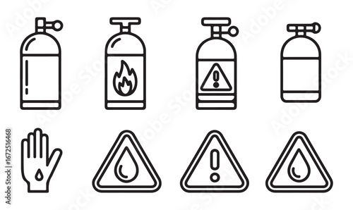 Illustration of gas cylinder icons with warning signs for fire, toxicity, and corrosion hazards.