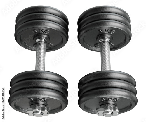 Pair of black adjustable dumbbells, weightlifting gym equipment,top view. Png clipart isolated on transparent background
