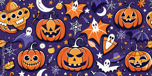 Spooky Pumpkin Lanterns , Seamless pumpkins, lanterns, bats, glowing stars, spooky Halloween feeling, Seamless pattern