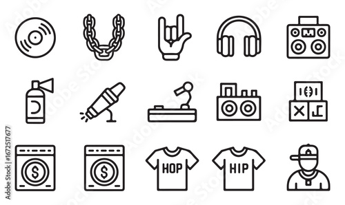 "Collection of music icons: microphones, records, headphones, and street fashion"