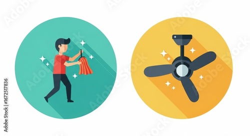 Person Cleaning Ceiling Fan with Red Cloth in Bright Room