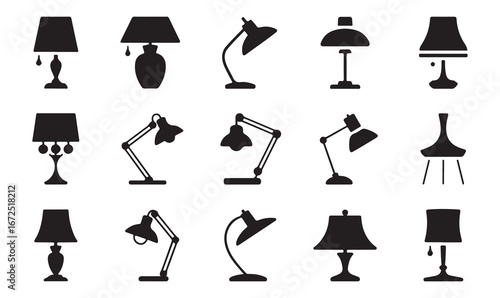 "Set of lamp and lighting icons: table, desk, and floor lamps illustrations"