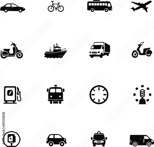 Transportation icons set vector illustration of vehicles and travel modes in black and white style