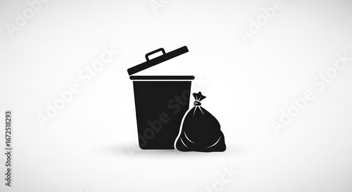 Black Trash Bin with Open Lid Next to Full Garbage Bag on Light Background