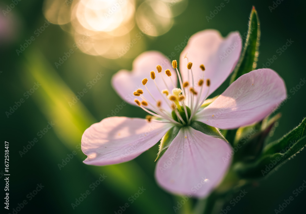 Fototapeta premium Close-up of a delicate pink flower with yellow stamens in sunlight