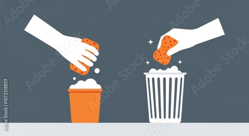 Hands Squeezing Sponge Over Bucket and Trash Can with Bubbles