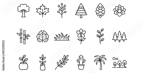Minimalist Line Art Plant and Tree Icons Set – Modern Botanical Outline Collection for Eco, Nature, Landscape and Gardening Design