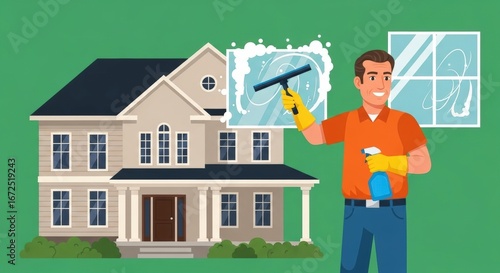 Happy Man Cleaning Windows of Modern House with Spray Bottle