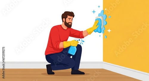 Man Cleaning Yellow Wall with Sponge and Spray Bottle in Bright Room