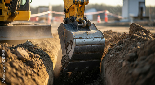 Mini excavator bucket digging a trench at a construction site, close-up