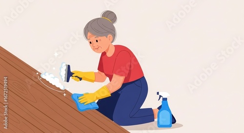 Senior Woman Cleaning Wooden Floor with Soap and Cloth in Cozy Environment