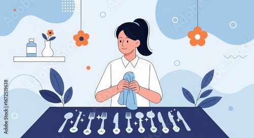 Young Woman Cleaning Cutlery with Cloth in Bright Modern Kitchen