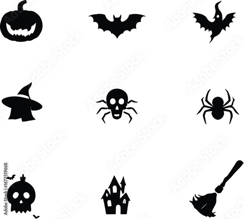 Halloween vector icons set pumpkin bat ghost witch hat spider skull castle broom halloween icons vector