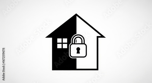 Secure House Icon with Lock Symbol in Black and White Design