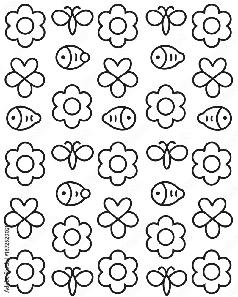 Fototapeta premium Whimsical pattern of outline flowers, butterflies, and fish, handdrawn style, isolated on white background, ideal for kids crafts, stationery, and decorative projects