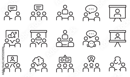 "Set of meeting and discussion icons: group communication and presentation symbols"