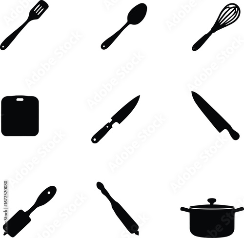Kitchen utensils vector set cooking tools and equipment spatula spoon whisk knife cutting board pot roller