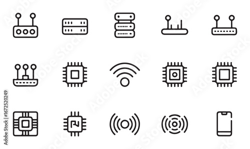 "Collection of digital infrastructure icons: wifi, server, device, and technology symbols"
