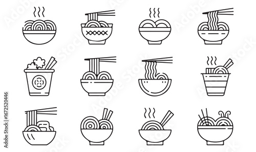 "Vector illustrations of noodle dishes, bowls, and takeout containers for culinary designs"