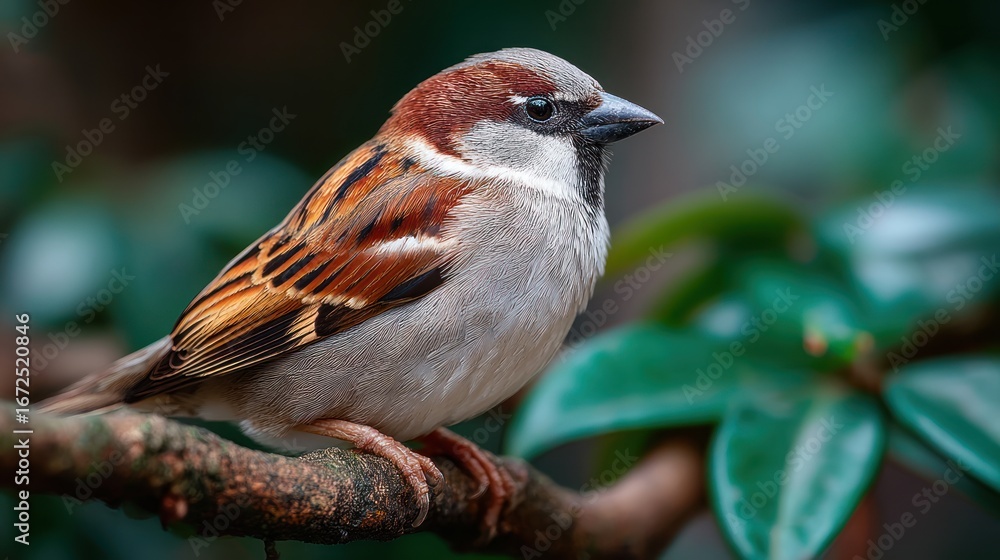 Naklejka premium Close-up of a charming house sparrow perched on a branch in natural habitat