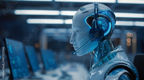 Futuristic android call center employee wearing headset, seated at a modern desk with multiple screens, concept of AI Artificial intelligence customer service, robotic assistant, and virtual support.