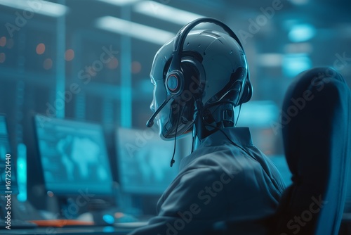 Futuristic android call center employee wearing headset, seated at a modern desk with multiple screens, concept of AI Artificial intelligence customer service, robotic assistant, and virtual support.