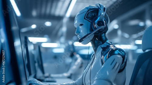 Futuristic android call center employee wearing headset, seated at a modern desk with multiple screens, concept of AI Artificial intelligence customer service, robotic assistant, and virtual support.