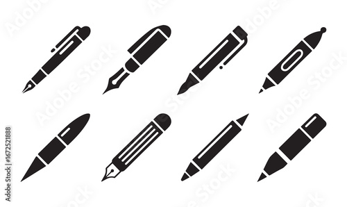 A variety of pens and writing instruments in line art, perfect for office, school, and creative use.