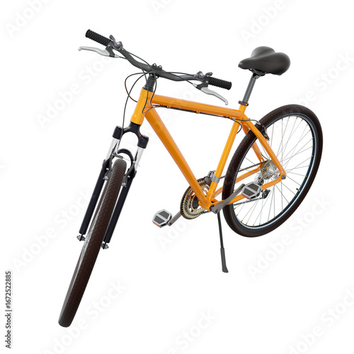 Orange bicycle standing while leaning on kickstand, side front view. Bike resting on kick stand. Png clipart isolated on transparent background