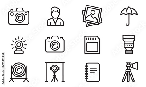 A set of line art photography icons, including cameras, tripods, and lighting equipment, perfect for photography-related designs.