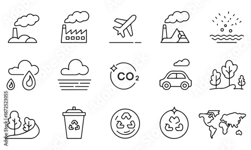 A variety of environmental icons in line art, highlighting sustainability, waste management, and climate concerns.